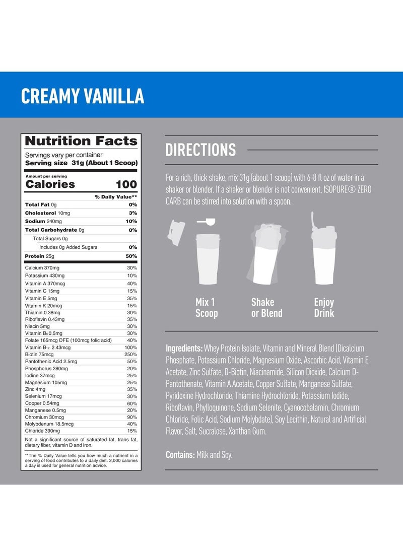 Zero Carb Whey Isolate Protein Powder Creamy Vanilla 3 lbs