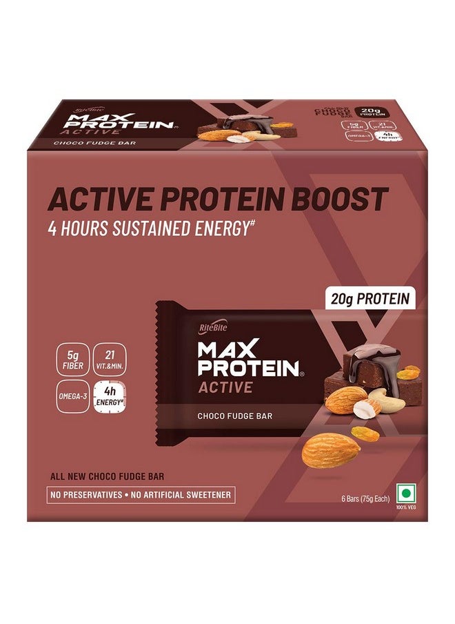 Active Choco Fudge Protein Bars With 20G Protein, 5G Fiber & 21 Vit. & Minerals | No Cholesterol & Trans Fat For Upto 4H Of Energy, Healthy Snack, 75G (Pack Of 6)