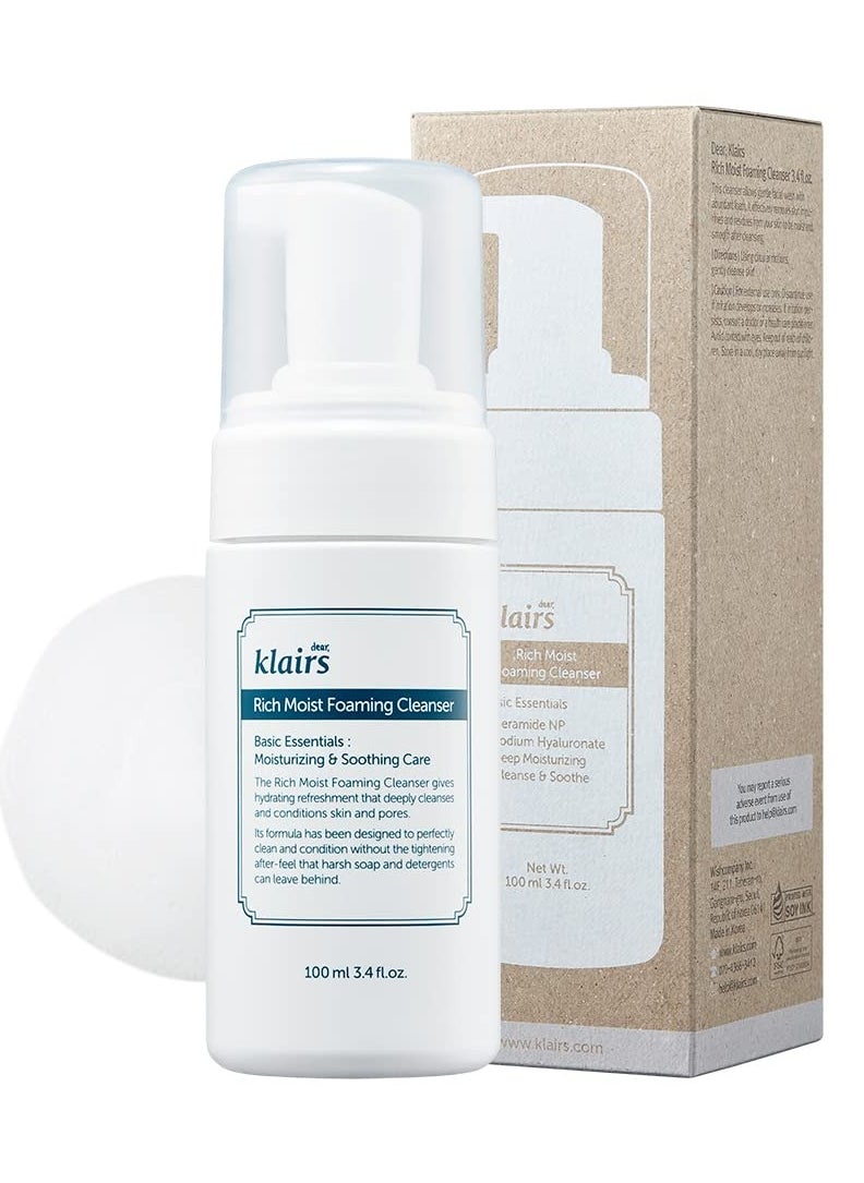 DearKlairs K-Beauty Skincare Rich Moist Foaming Cleanser, 3.4 fl oz (100 ml)