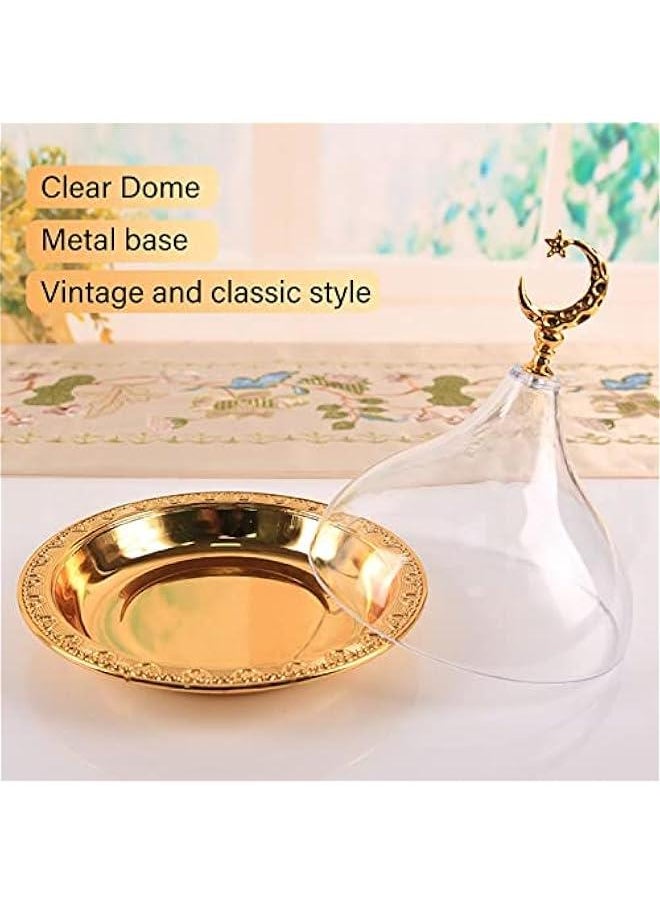 Serving Dish with Acrylic Clear Dome, Golden Vintage Serving Platter Eid Mubarak Cake Tray Ramadan Serving Tray Dessert Plate for Home Party Cafe Wedding Dining Rooms