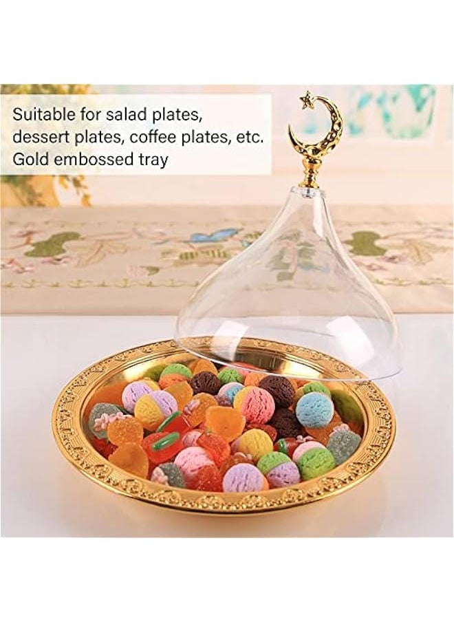 Serving Dish with Acrylic Clear Dome, Golden Vintage Serving Platter Eid Mubarak Cake Tray Ramadan Serving Tray Dessert Plate for Home Party Cafe Wedding Dining Rooms
