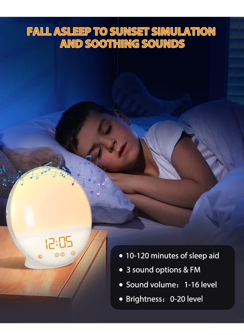 7 Natural Alarm Ringtones+FM RadioSmart WiFi Sunrise Alarm Clock – APP-Controlled LED Wake-Up Light with 7 Colors, FM Radio, 7 Natural Alarms, 120-Min Sleep Aid, Adjustable Brightness & Sound – Bedside Night Light