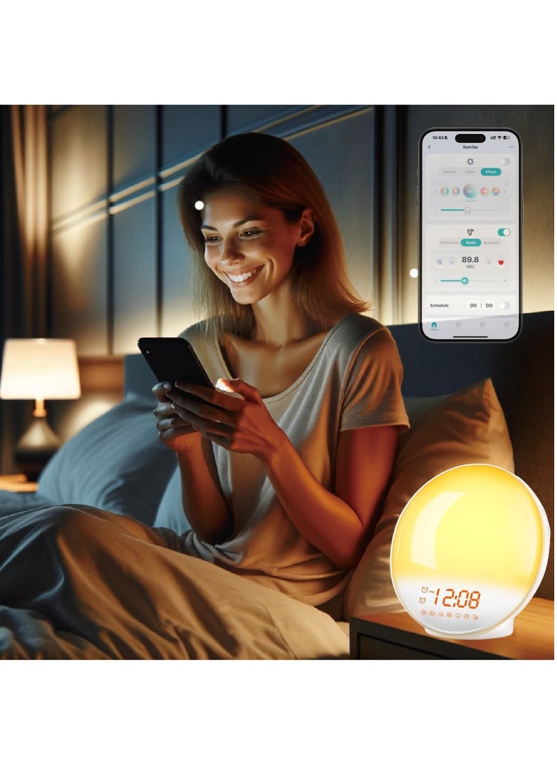 7 Natural Alarm Ringtones+FM RadioSmart WiFi Sunrise Alarm Clock – APP-Controlled LED Wake-Up Light with 7 Colors, FM Radio, 7 Natural Alarms, 120-Min Sleep Aid, Adjustable Brightness & Sound – Bedside Night Light