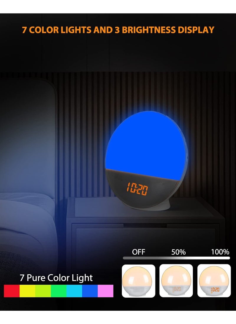 7 Natural Alarm Ringtones+FM RadioSmart WiFi Sunrise Alarm Clock – APP-Controlled LED Wake-Up Light with 7 Colors, FM Radio, 7 Natural Alarms, 120-Min Sleep Aid, Adjustable Brightness & Sound – Bedside Night Light