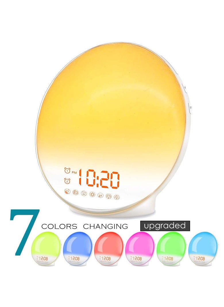 7 Natural Alarm Ringtones+FM RadioSmart WiFi Sunrise Alarm Clock – APP-Controlled LED Wake-Up Light with 7 Colors, FM Radio, 7 Natural Alarms, 120-Min Sleep Aid, Adjustable Brightness & Sound – Bedside Night Light