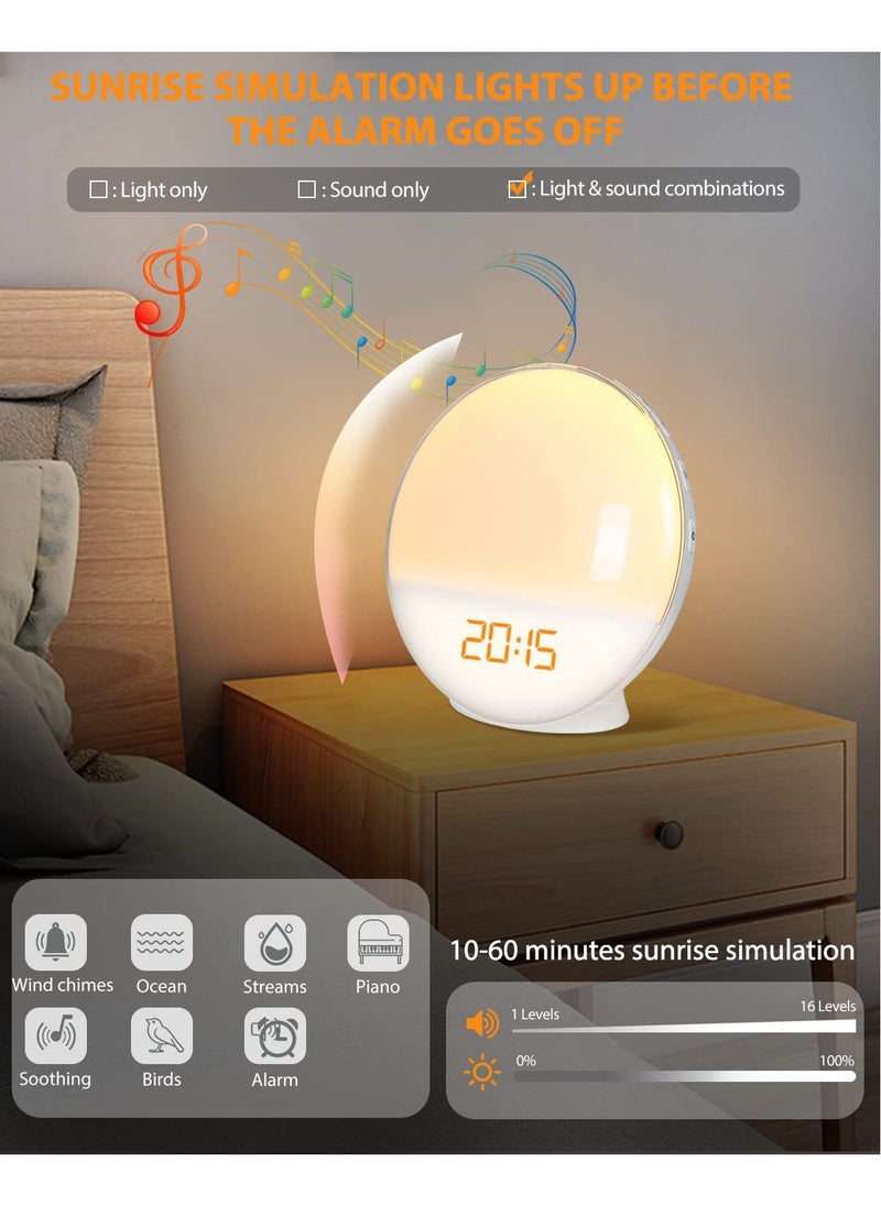 7 Natural Alarm Ringtones+FM RadioSmart WiFi Sunrise Alarm Clock – APP-Controlled LED Wake-Up Light with 7 Colors, FM Radio, 7 Natural Alarms, 120-Min Sleep Aid, Adjustable Brightness & Sound – Bedside Night Light