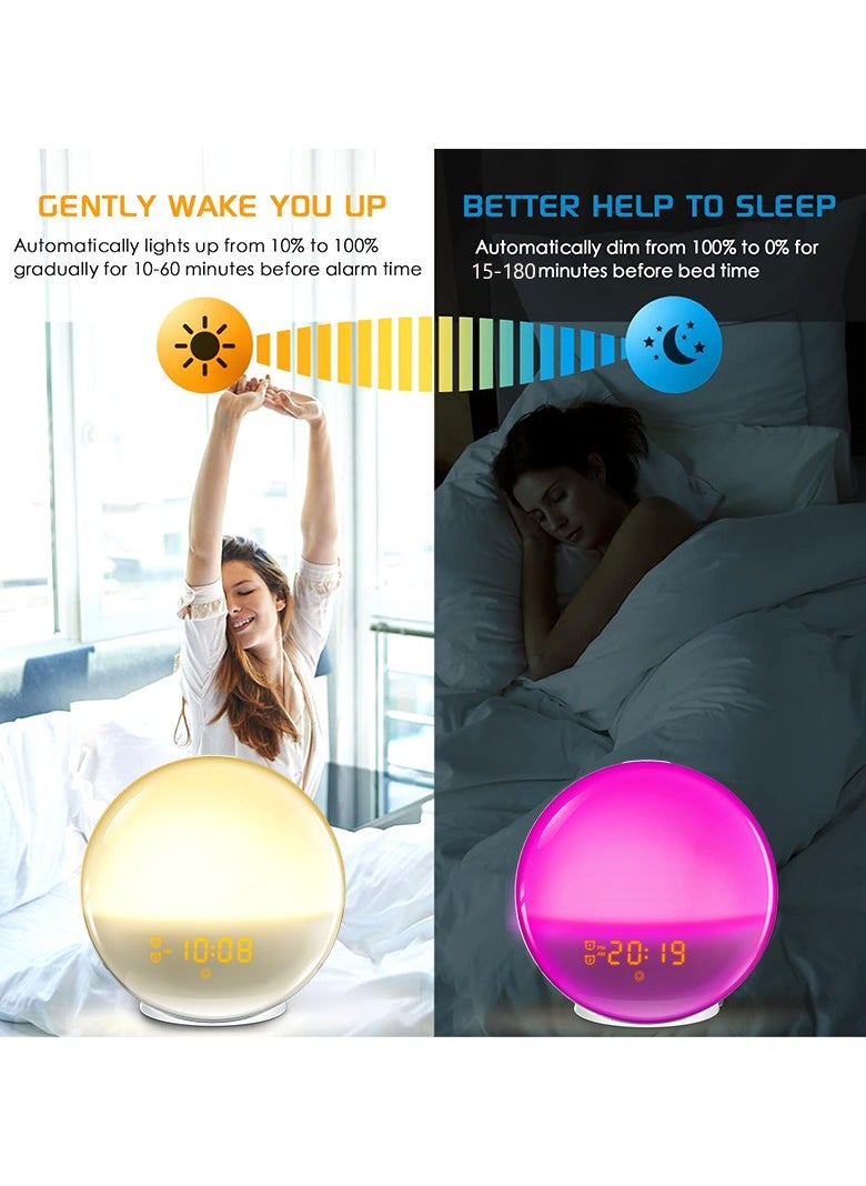 7 Natural Alarm Ringtones+FM RadioSmart WiFi Sunrise Alarm Clock – APP-Controlled LED Wake-Up Light with 7 Colors, FM Radio, 7 Natural Alarms, 120-Min Sleep Aid, Adjustable Brightness & Sound – Bedside Night Light