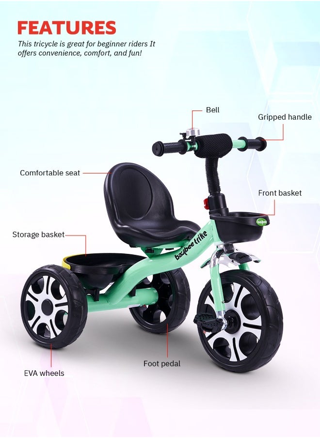 Baybee Coaster Tricycle for Kids Baby Smart Plug and Play Kids Tricycle Cycle with Front u0026 Rear Storage Baskets 3 Wheels Tricycle Bicycle Baby Tricycle Cycle for Kids 2 to 5 Years Boy Girl Green