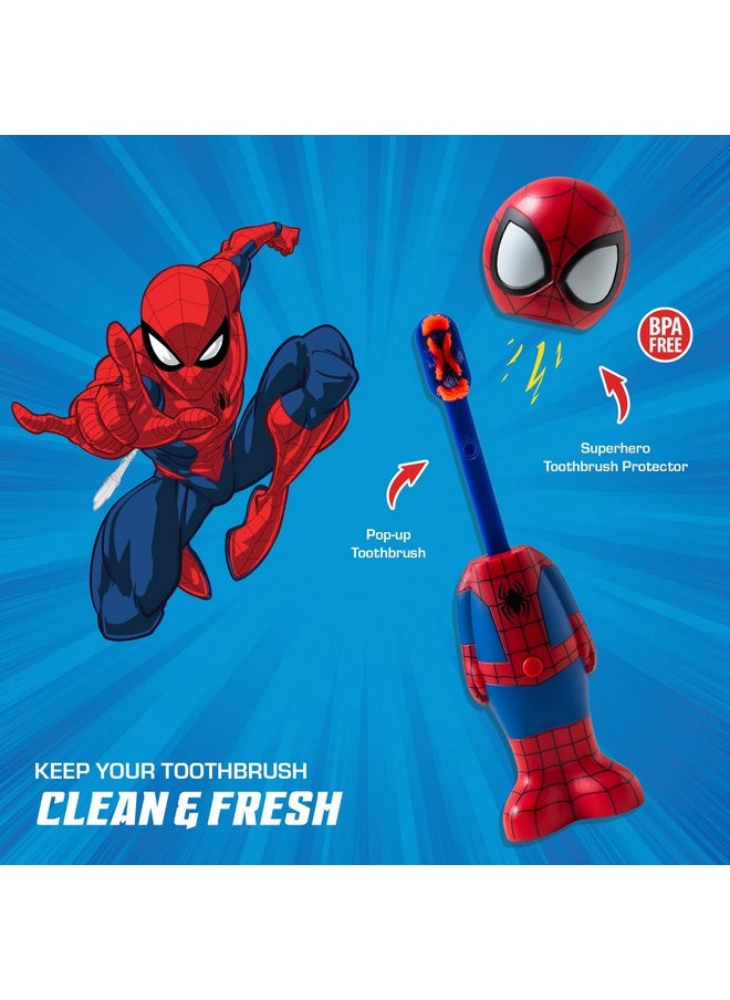Brush Buddies Marvel Spider-Man Toothbrush for Kids, Soft & Rounded Bristles, Poppin' Fun Spiderman Kids Toothbrush, Ultra Soft Pop-up Toothbrush with Superhero Toothbrush Cover