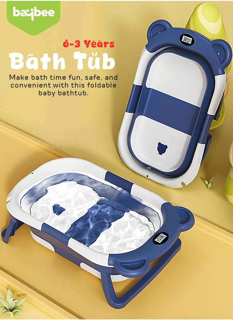 Collapsible Baby Bath Tub for Kids with Temperature Sensing Display Anti Slip Base Drainer Foldable Kids Bathtub for Baby 0 to 3 Years Navy Blue