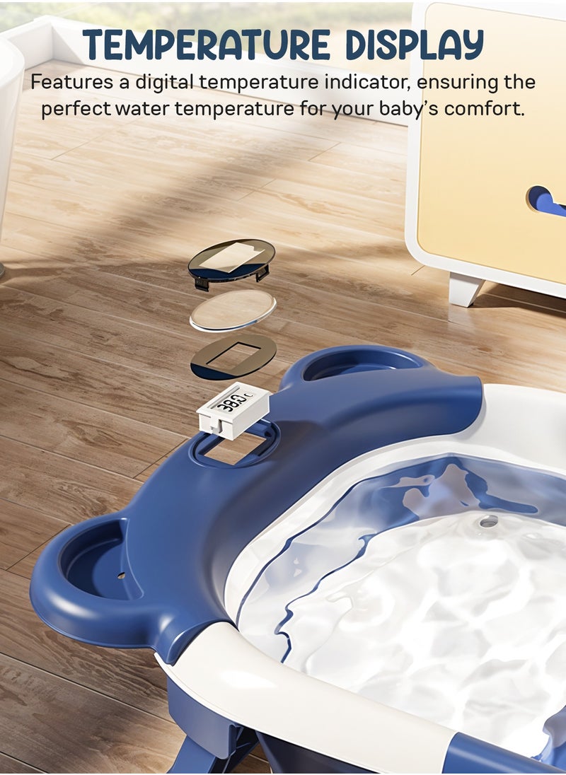 Collapsible Baby Bath Tub for Kids with Temperature Sensing Display Anti Slip Base Drainer Foldable Kids Bathtub for Baby 0 to 3 Years Navy Blue