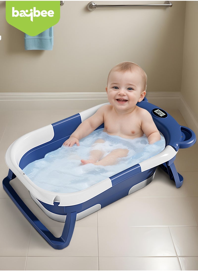 Collapsible Baby Bath Tub for Kids with Temperature Sensing Display Anti Slip Base Drainer Foldable Kids Bathtub for Baby 0 to 3 Years Navy Blue