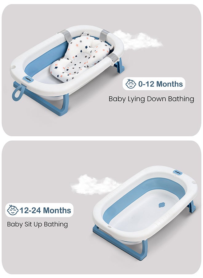 Foldable Baby Bath Tub With Anti-Skid Base, Support Cushion, Temperature Sensing Plug And Wall Mountable 0-3 Years, Blue