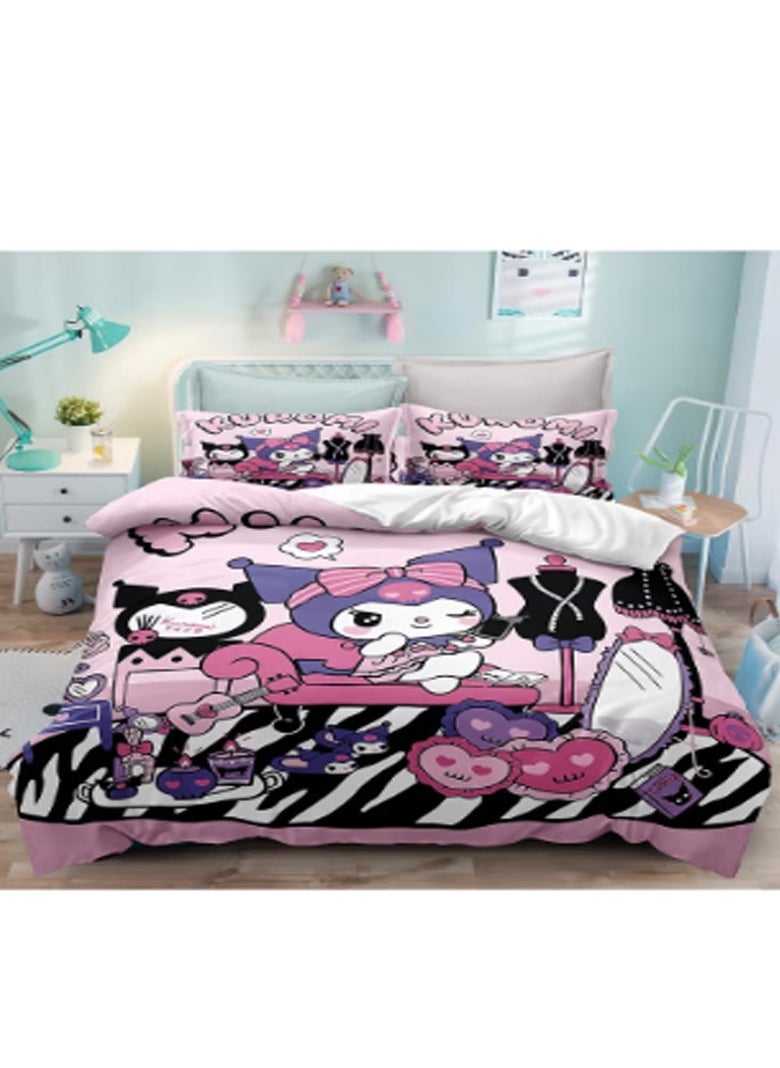 Sanrio Kuromi pattern bedding three-piece set of soft microfiber polyester sheets including duvet cover and two pillowcases (cover size 150cmX200cm)