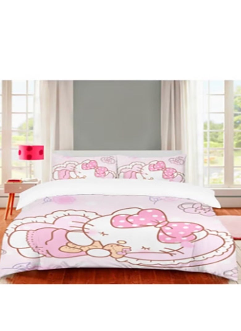 Cartoon Sanrio Hello Kitty pattern bedding three-piece set with soft microfiber polyester sheets including cover and two pillowcases (size 150cmX200cm)