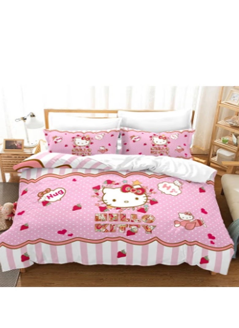 Cartoon Sanrio Hello Kitty pattern bedding three-piece set with soft microfiber polyester sheets including cover and two pillowcases (size 150cmX200cm)