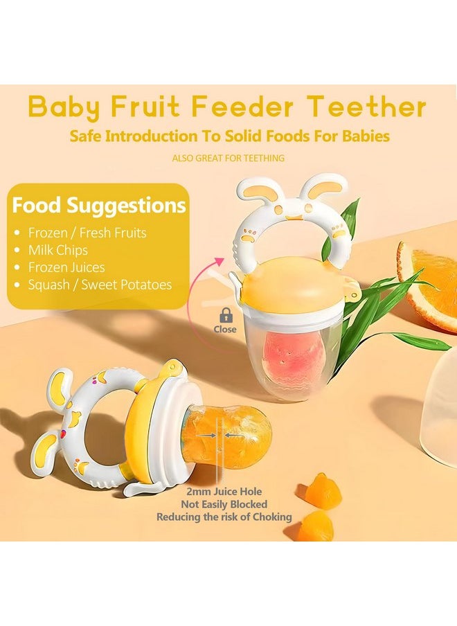 WAJIAYON Baby Fruit Feeder Pacifier - 6 Pack | 2 Baby Fruit Food Feeder Pacifier & 2 Baby Food Dispensing Spoon | Fresh Fruit Teethers for Babies | Silicone Feeder Baby,Mesh Baby Feeder -Yellow-Rabbit