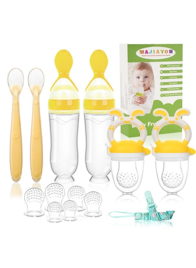 WAJIAYON Baby Fruit Feeder Pacifier - 6 Pack | 2 Baby Fruit Food Feeder Pacifier & 2 Baby Food Dispensing Spoon | Fresh Fruit Teethers for Babies | Silicone Feeder Baby,Mesh Baby Feeder -Yellow-Rabbit