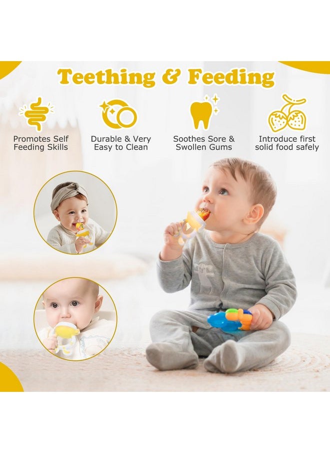 WAJIAYON Baby Fruit Feeder Pacifier - 6 Pack | 2 Baby Fruit Food Feeder Pacifier & 2 Baby Food Dispensing Spoon | Fresh Fruit Teethers for Babies | Silicone Feeder Baby,Mesh Baby Feeder -Yellow-Rabbit