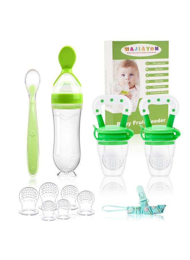 WAJIAYON Baby Fruit Feeder Pacifier - 5 Pack | 2 Baby Fruit Food Feeder Pacifier & 1 Baby Food Dispensing Spoon | Fresh Fruit Teethers for Babies | Silicone Feeder Baby,Mesh Baby Feeder (Green)