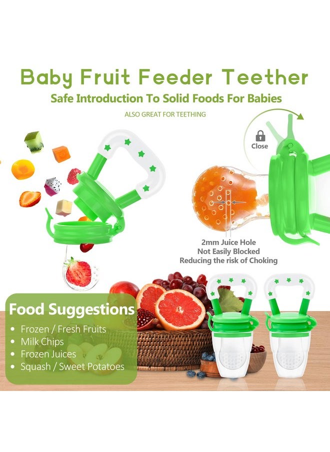 WAJIAYON Baby Fruit Feeder Pacifier - 5 Pack | 2 Baby Fruit Food Feeder Pacifier & 1 Baby Food Dispensing Spoon | Fresh Fruit Teethers for Babies | Silicone Feeder Baby,Mesh Baby Feeder (Green)