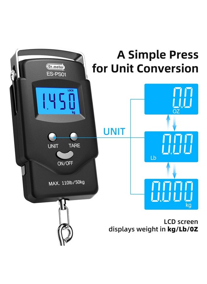Dr.meter PS01 Fishing Scale with Fish Lip Gripper - 110lb/50kg Backlit LCD Display Digital Scale with Built-in Measuring Tape + Stainless Steel Fish Holder Tool Set, Fishing Gifts for Men