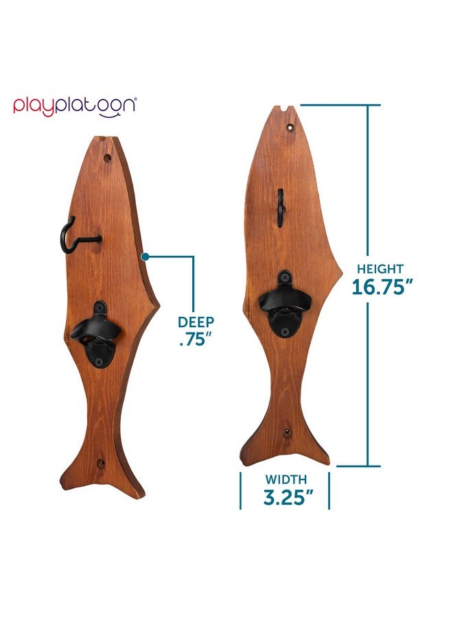 Platoon Hook And Ring Game With Bottle Opener And Magnetic Cap Catch - Wood Ring Toss Game For Adults, Fish Tiki Design