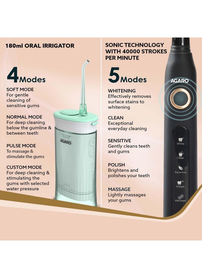AGARO Cosmic Plus Sonic Toothbrush Black & Ultra Travel Portable Oral Irigator 180 ML Black, Combo
