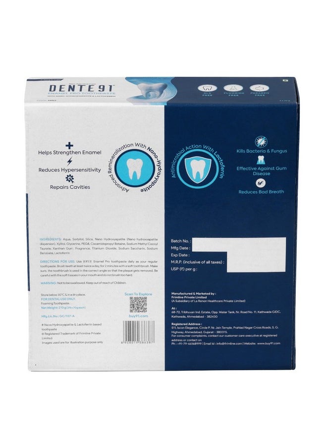 Dente91 Enamel Pro Toothpaste| Sensitivity Relief | Repairs Cavities | Fights Gum Disease | Reduces Bad Breath | Strengthens Enamel | SLS Free | Fluoride Free | Paraben Free | Pack of 3, 3 X 70g