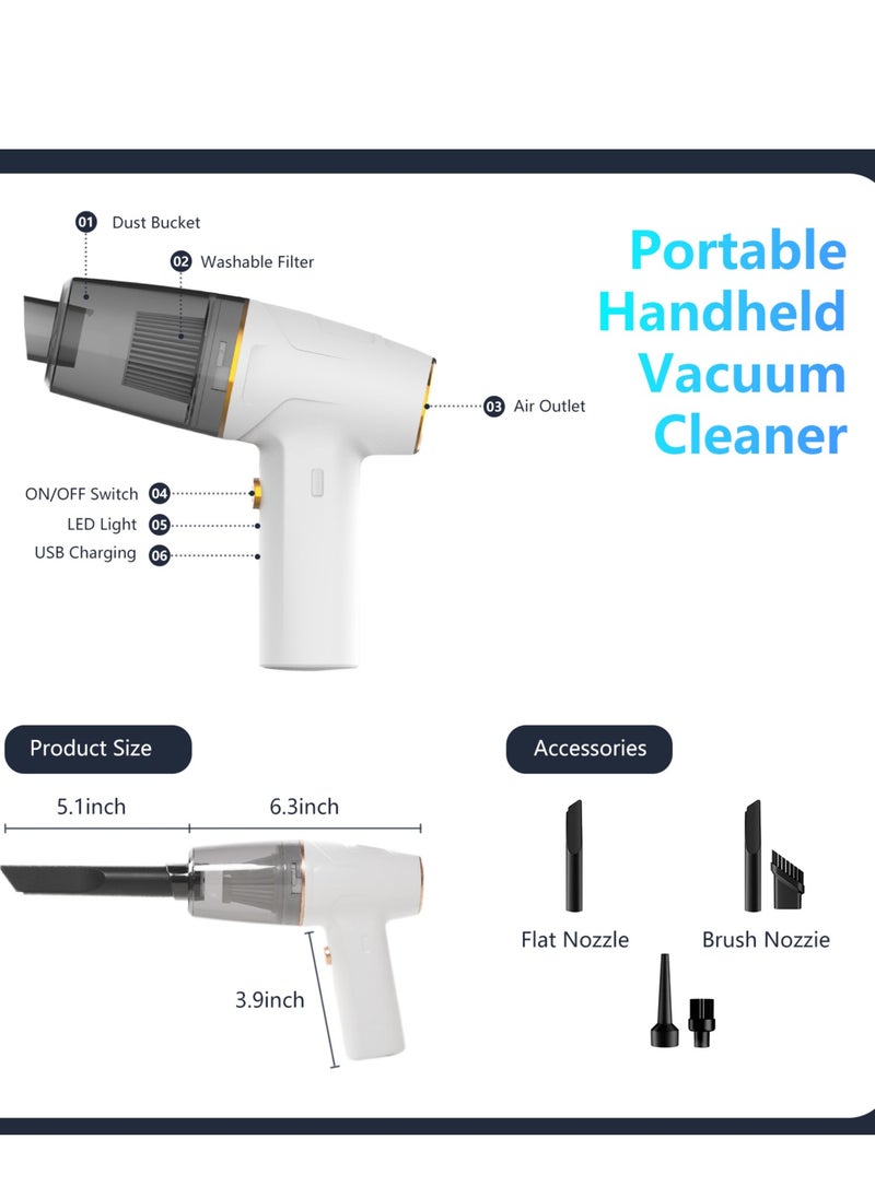 INGUNAR Car Vacuum Cleaner, Cordless Handheld Vacuum, Brushless DC Motor 12000PA Maximum Suction,Mini Portable Vacuum Cleaner Rechargeable for Home,Office,Kitchen,Office (White)