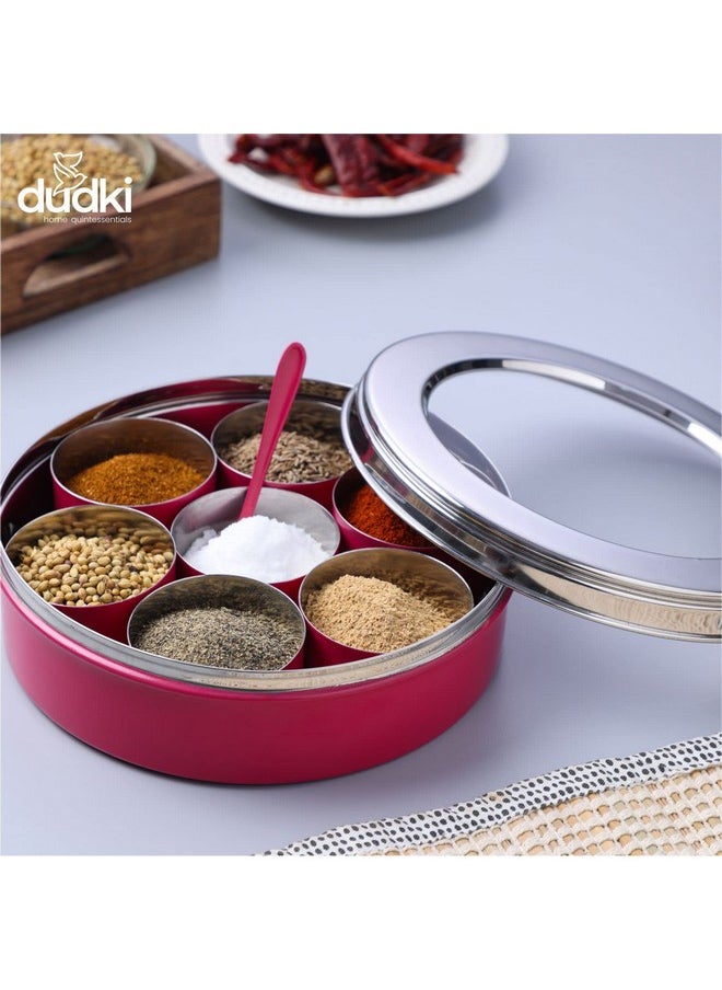 Dudki 7 in 1 spice box for kitchen sturdy stainless steel masala dabba jar minimal design (PINK)