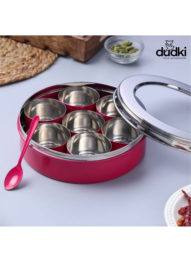 Dudki 7 in 1 spice box for kitchen sturdy stainless steel masala dabba jar minimal design (PINK)