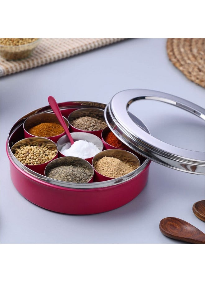 Dudki 7 in 1 spice box for kitchen sturdy stainless steel masala dabba jar minimal design (PINK)