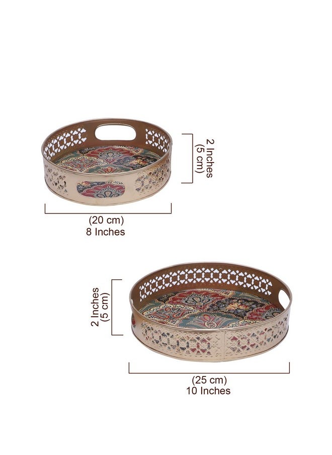 Two Moustaches Traditional Design Serving Trays Set (8 Inches & 10 Inches), Serving Plates for Home, Platters for Tea/Coffee/Fruits/Snacks, Decorative Pichwai Tray, Golden, Pack of 2