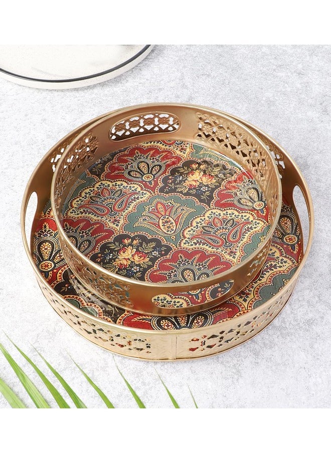 Two Moustaches Traditional Design Serving Trays Set (8 Inches & 10 Inches), Serving Plates for Home, Platters for Tea/Coffee/Fruits/Snacks, Decorative Pichwai Tray, Golden, Pack of 2