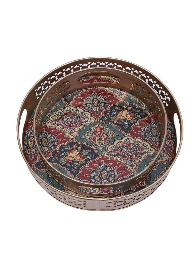 Two Moustaches Traditional Design Serving Trays Set (8 Inches & 10 Inches), Serving Plates for Home, Platters for Tea/Coffee/Fruits/Snacks, Decorative Pichwai Tray, Golden, Pack of 2