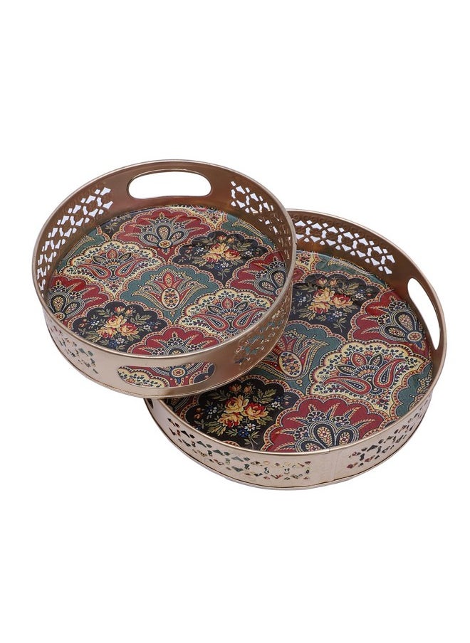 Two Moustaches Traditional Design Serving Trays Set (8 Inches & 10 Inches), Serving Plates for Home, Platters for Tea/Coffee/Fruits/Snacks, Decorative Pichwai Tray, Golden, Pack of 2
