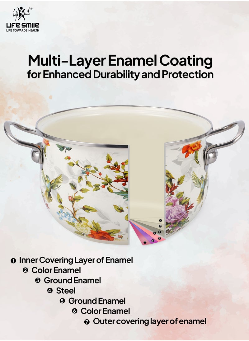 10-Pcs Floral Pattern Enameled Cookware Set - Pots Kitchen Cooking Set with Glas Lids, 100% PFOA Free and Safe Multi-Functional Soup Pot for Induction and Gas Stove