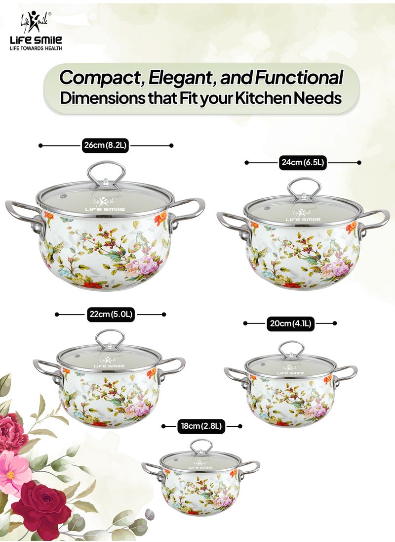 10-Pcs Floral Pattern Enameled Cookware Set - Pots Kitchen Cooking Set with Glas Lids, 100% PFOA Free and Safe Multi-Functional Soup Pot for Induction and Gas Stove