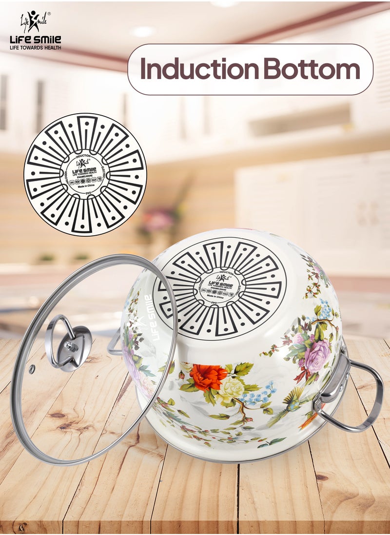 10-Pcs Floral Pattern Enameled Cookware Set - Pots Kitchen Cooking Set with Glas Lids, 100% PFOA Free and Safe Multi-Functional Soup Pot for Induction and Gas Stove