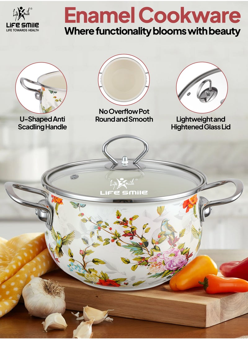 10-Pcs Floral Pattern Enameled Cookware Set - Pots Kitchen Cooking Set with Glas Lids, 100% PFOA Free and Safe Multi-Functional Soup Pot for Induction and Gas Stove