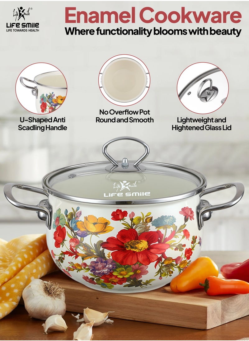 10-Pcs Floral Pattern Enameled Cookware Set - Pots Kitchen Cooking Set with Glas Lids, 100% PFOA Free and Safe Multi-Functional Soup Pot for Induction and Gas Stove