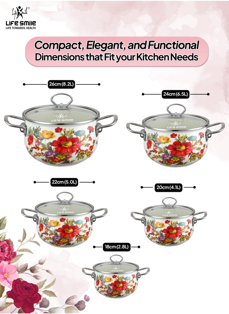 10-Pcs Floral Pattern Enameled Cookware Set - Pots Kitchen Cooking Set with Glas Lids, 100% PFOA Free and Safe Multi-Functional Soup Pot for Induction and Gas Stove