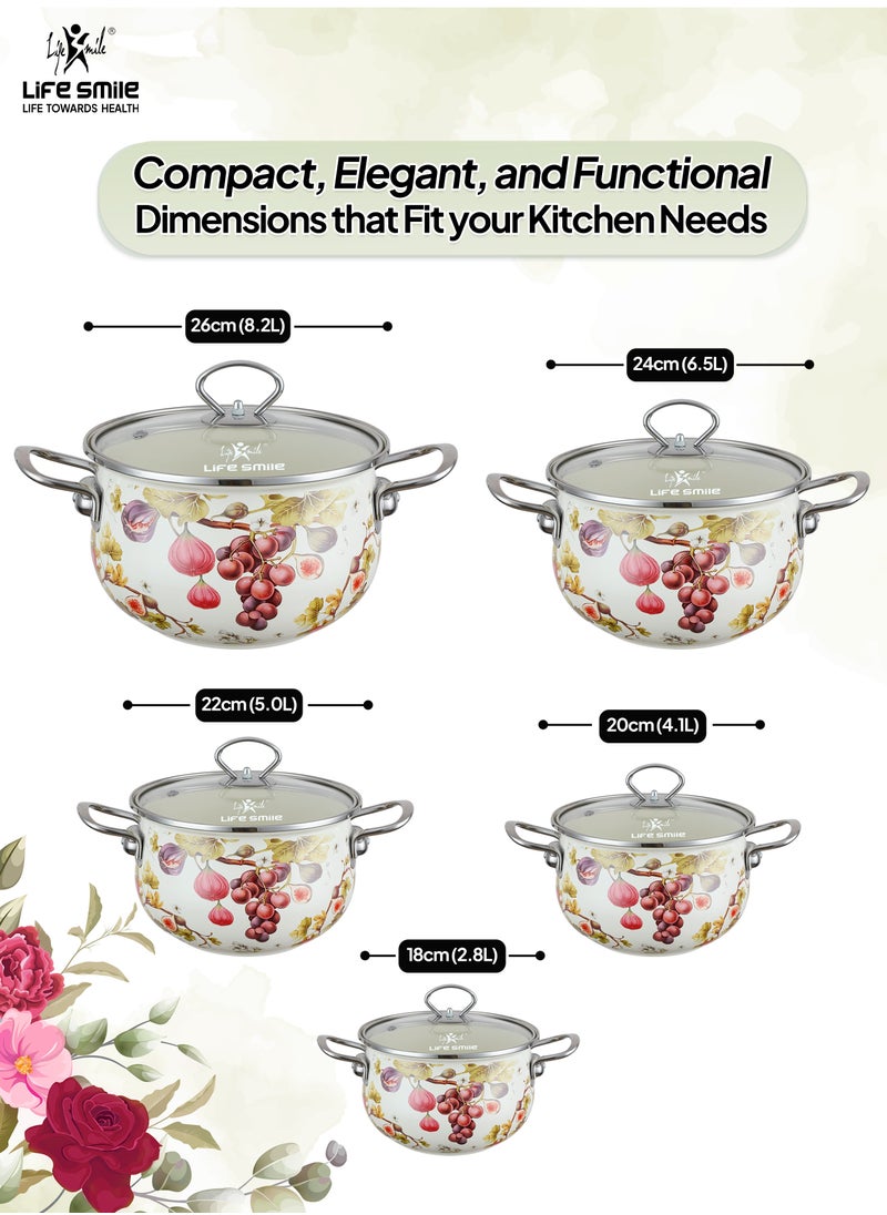 10-Pcs Floral Pattern Enameled Cookware Set - Pots Kitchen Cooking Set with Glas Lids, 100% PFOA Free and Safe Multi-Functional Soup Pot for Induction and Gas Stove