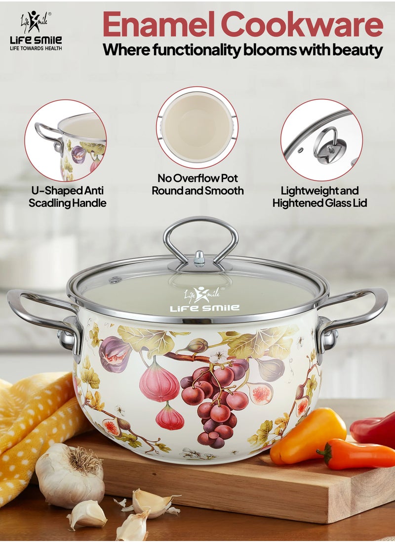 10-Pcs Floral Pattern Enameled Cookware Set - Pots Kitchen Cooking Set with Glas Lids, 100% PFOA Free and Safe Multi-Functional Soup Pot for Induction and Gas Stove