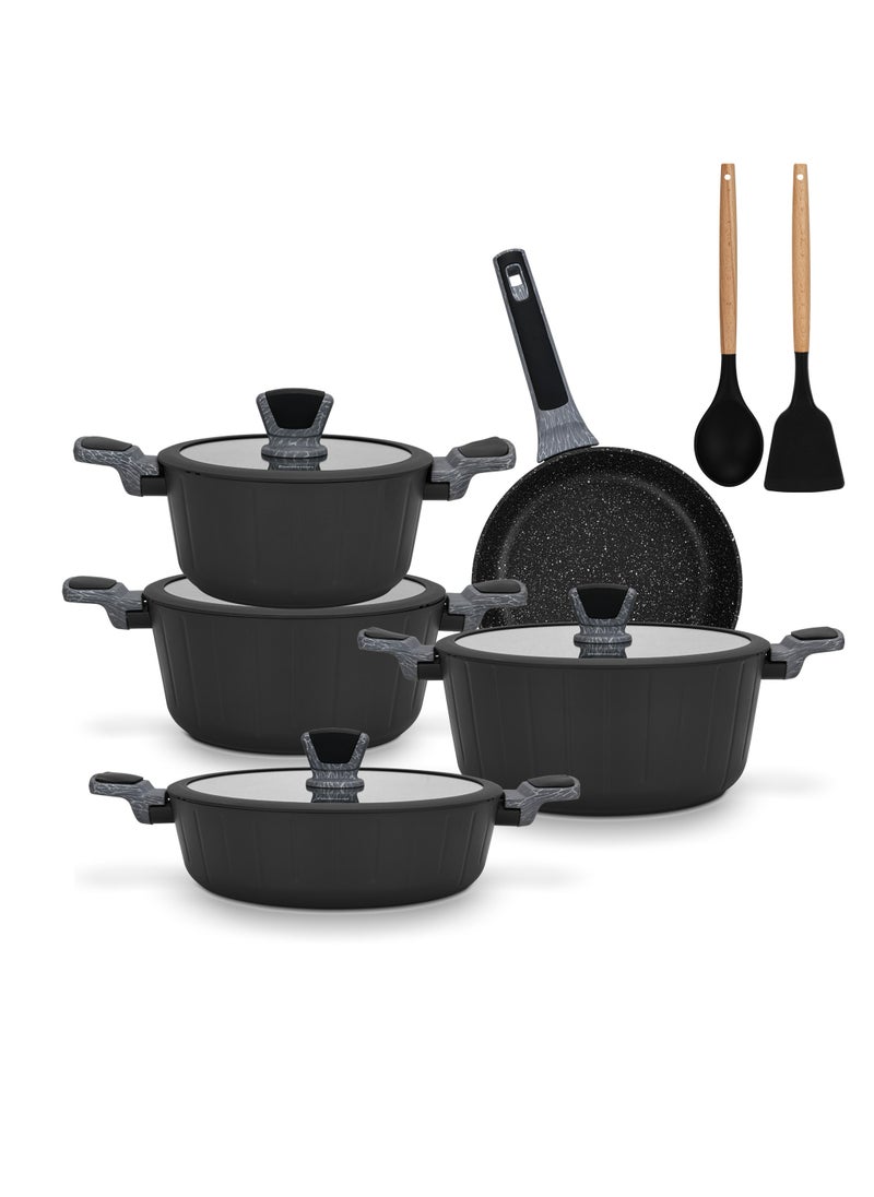 Cookware Set Stella Series Aluminum with Non-Stick Coating, Frying Pan 24cm, Shallow Pot 28cm, Stockpots 20cm, 24cm,28,cm with Cooking Spoon And Turner