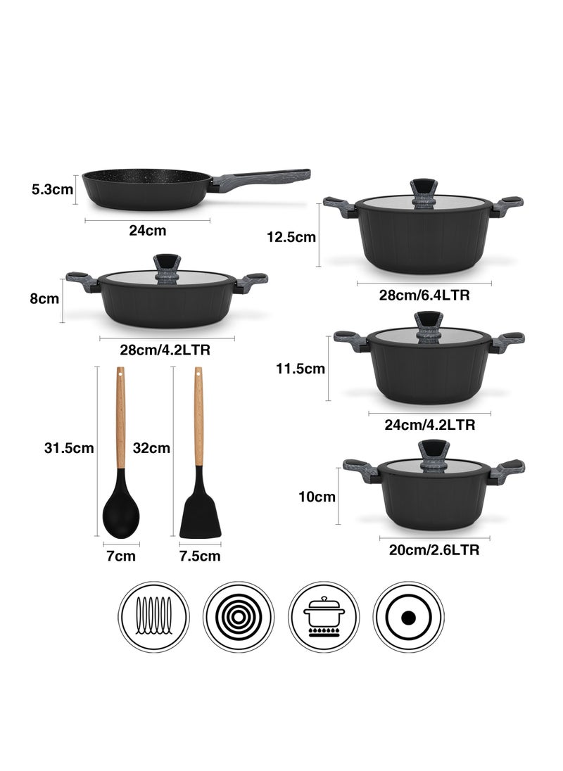 Cookware Set Stella Series Aluminum with Non-Stick Coating, Frying Pan 24cm, Shallow Pot 28cm, Stockpots 20cm, 24cm,28,cm with Cooking Spoon And Turner