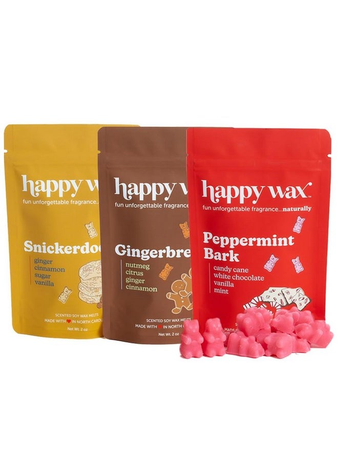Happy Wax Holiday Treats Collection Scented Natural Soy Wax Melts - 6 Total Oz. of Scented Wax Melts, Collection Includes 2oz Peppermint Bark, 2oz Gingerbread, and 2oz Snickerdoddle Wax Melts