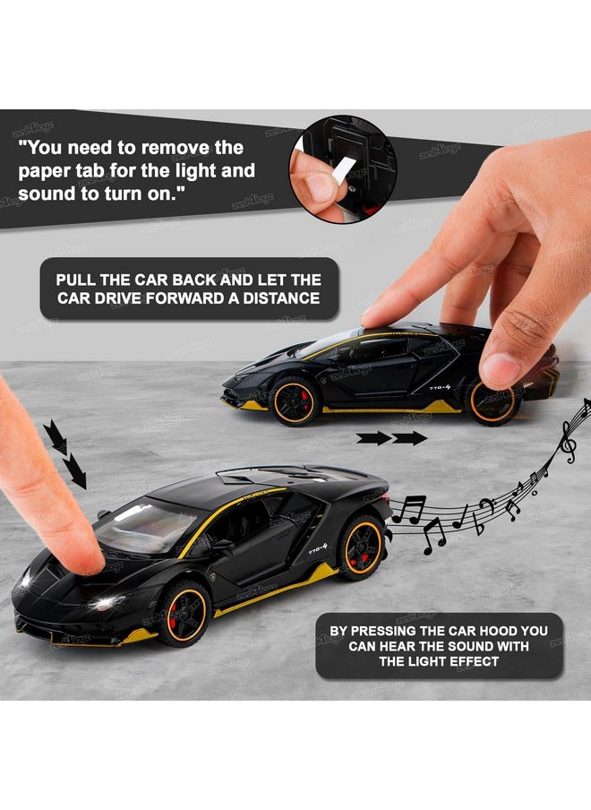 Zest 4 Toyz Pull Back Cars for Kids with Lights and Sound Effects Die Cast Sports Racing Car Toy with Openable Doors and Durable Metal Body Car for Boys and Girls - Black