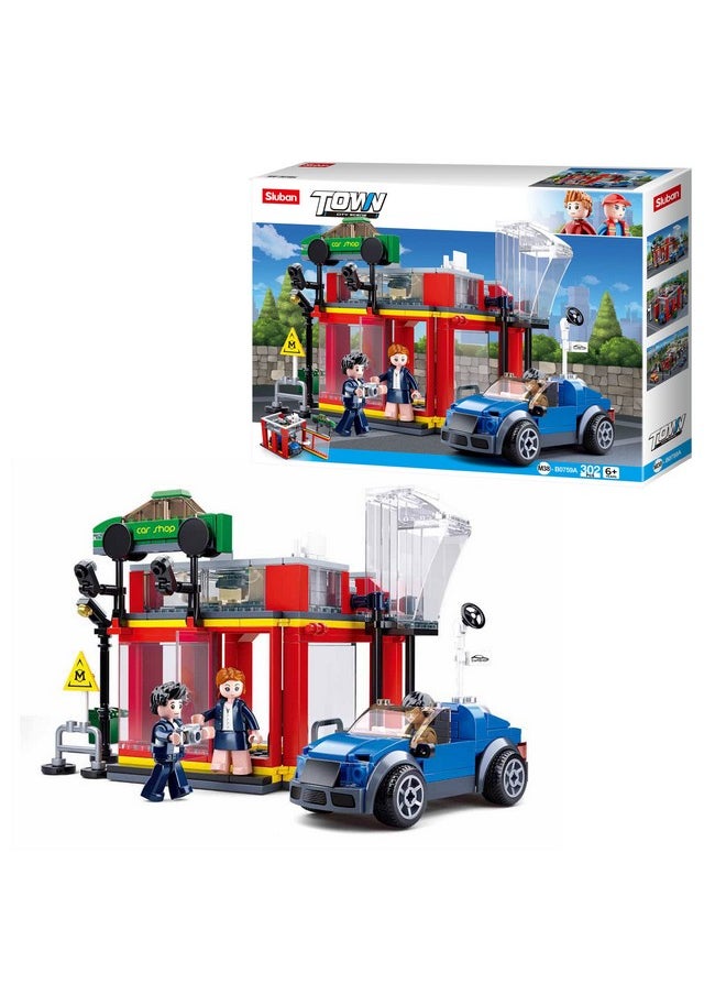 Sluban Town Automobile Sales Service Shop Building Bricks with 3 Mini Toys&1 Blue Toy Car, 302 Pcs